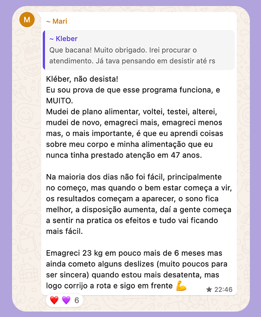 Mensagem na comunidade da Liti em que uma cliente incentiva outra pessoa a não desistir e conta o que aprendeu sobre o próprio corpo