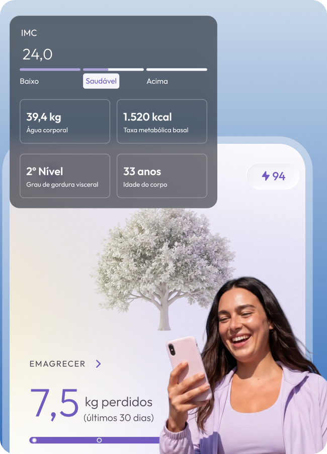 Aplicativo da Liti mostrando IMC, composição corporal, acompanhamento de peso e indicadores de saúde, com cliente usando o celular